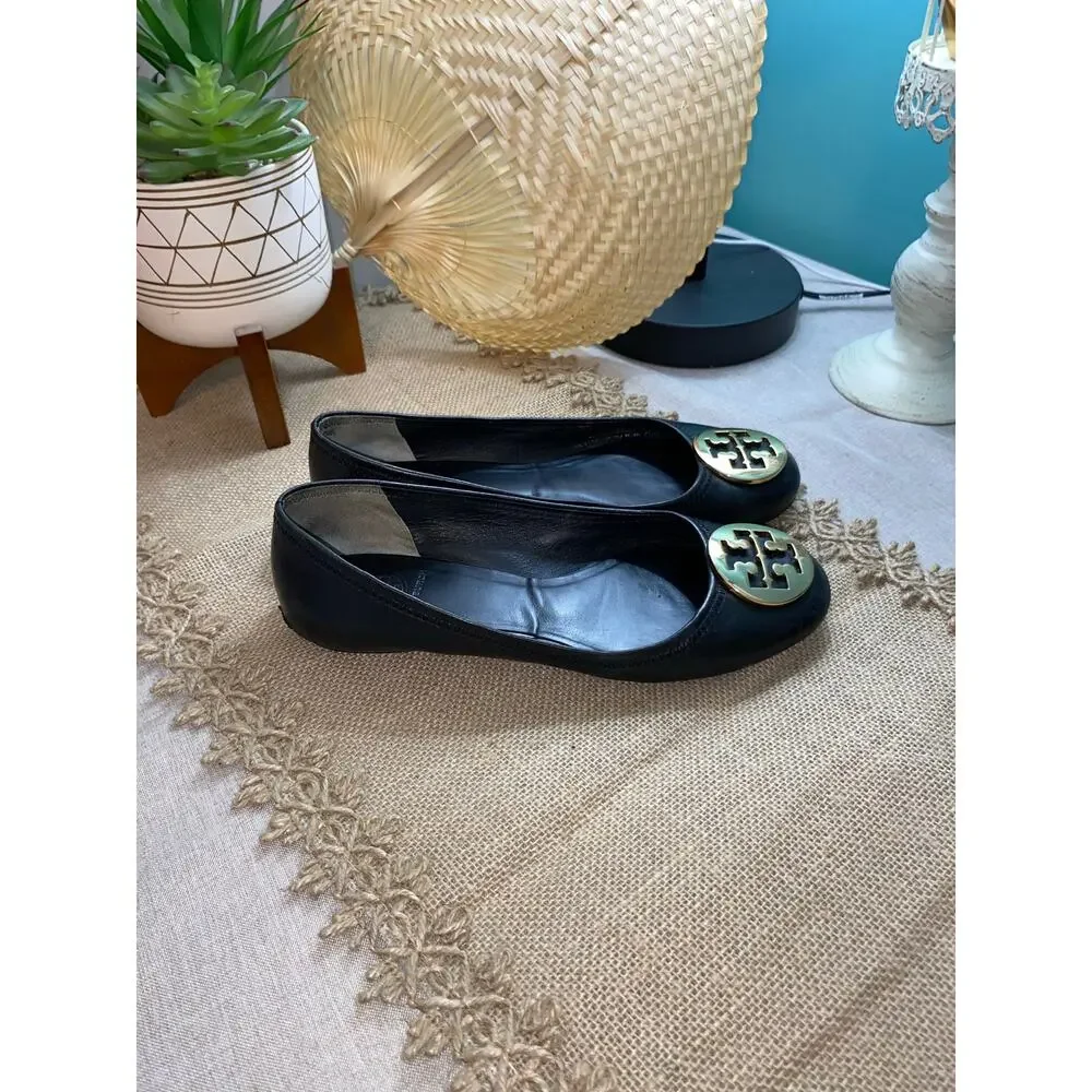 Tory Burch Ballet Flat Leather Upper size 7.5M Gold T Logo Shoes - Picture 9 of 11